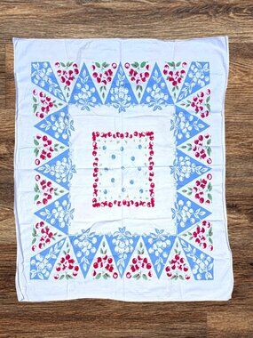 Vintage Cherry Print Linen Tablecloth Red Blue White MCM Retro Farmhouse Kitchen